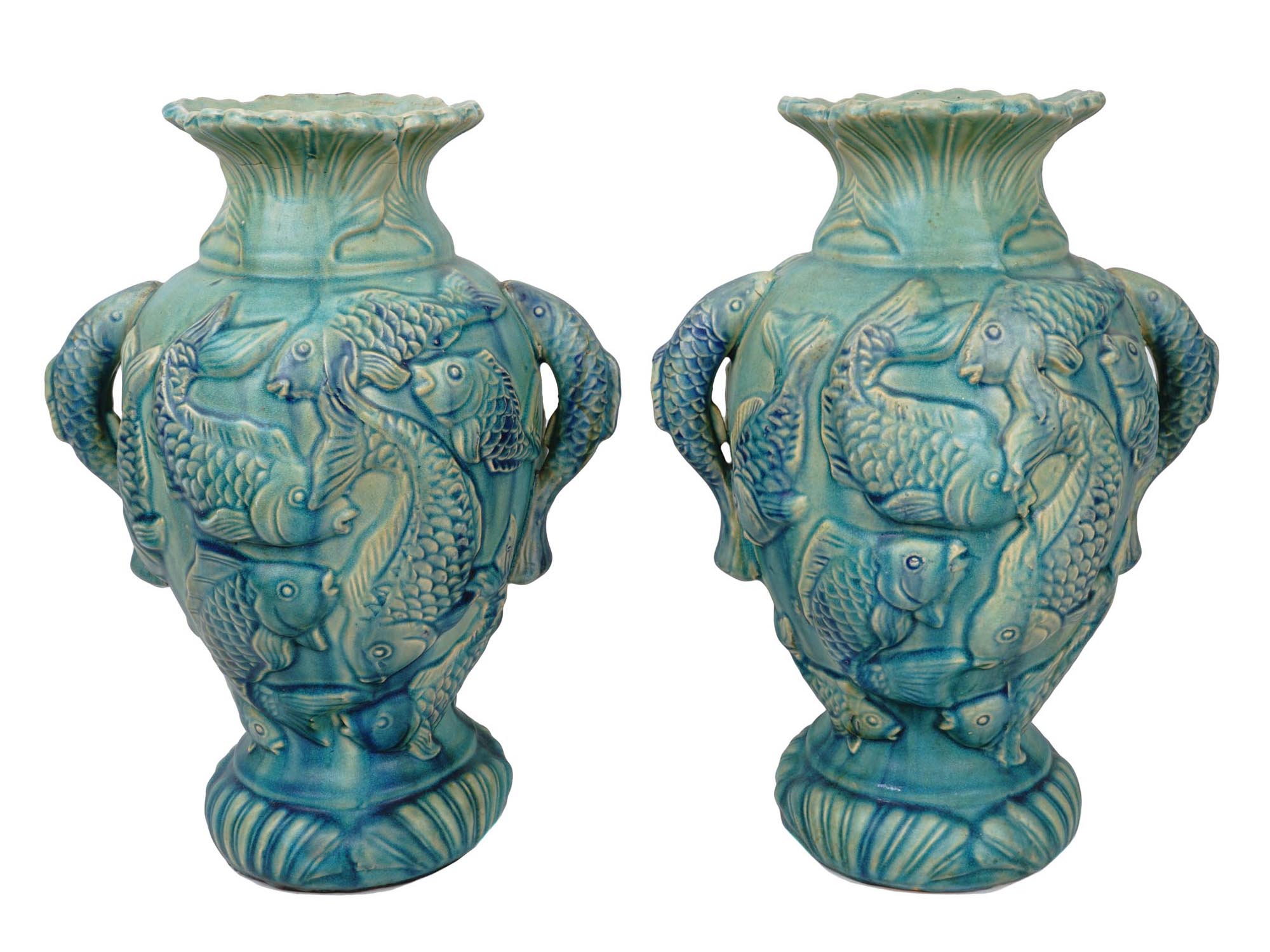 TWO LARGE JAPANESE CERAMIC VASES WITH FISH RELIEF PIC-1